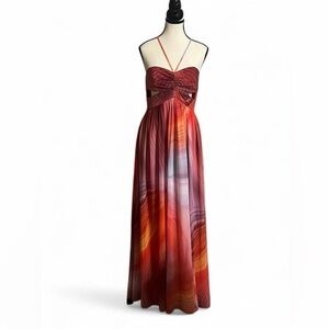 Aidan Mattox Maxi Dress SzXS Geometric Pattern Chiffon Front Slit Strapless Gown